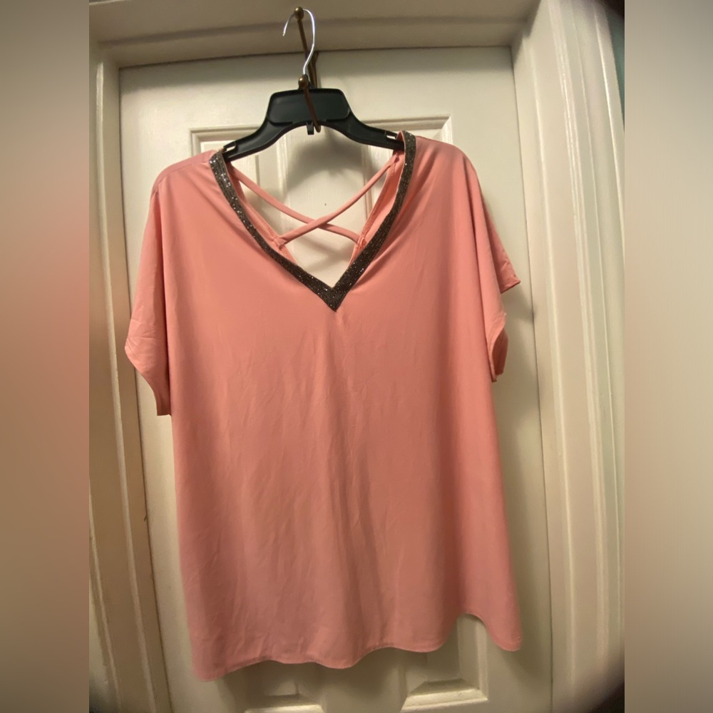 Pink V-Neck Women's Top with Embellished Silver Trim